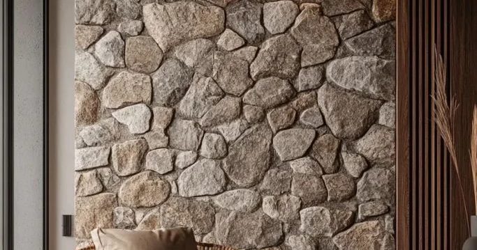 Sala de estar com parede inteira em pedra natural