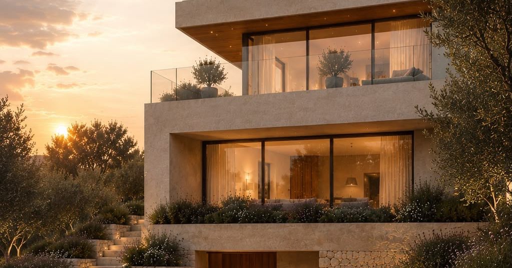 Residência em encosta ao entardecer, com base e muros em pedra natural